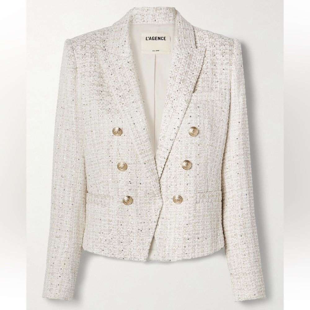 L’Agence Brooke Embossed Cotton Tweed Metallic Ivory Gold Blazer